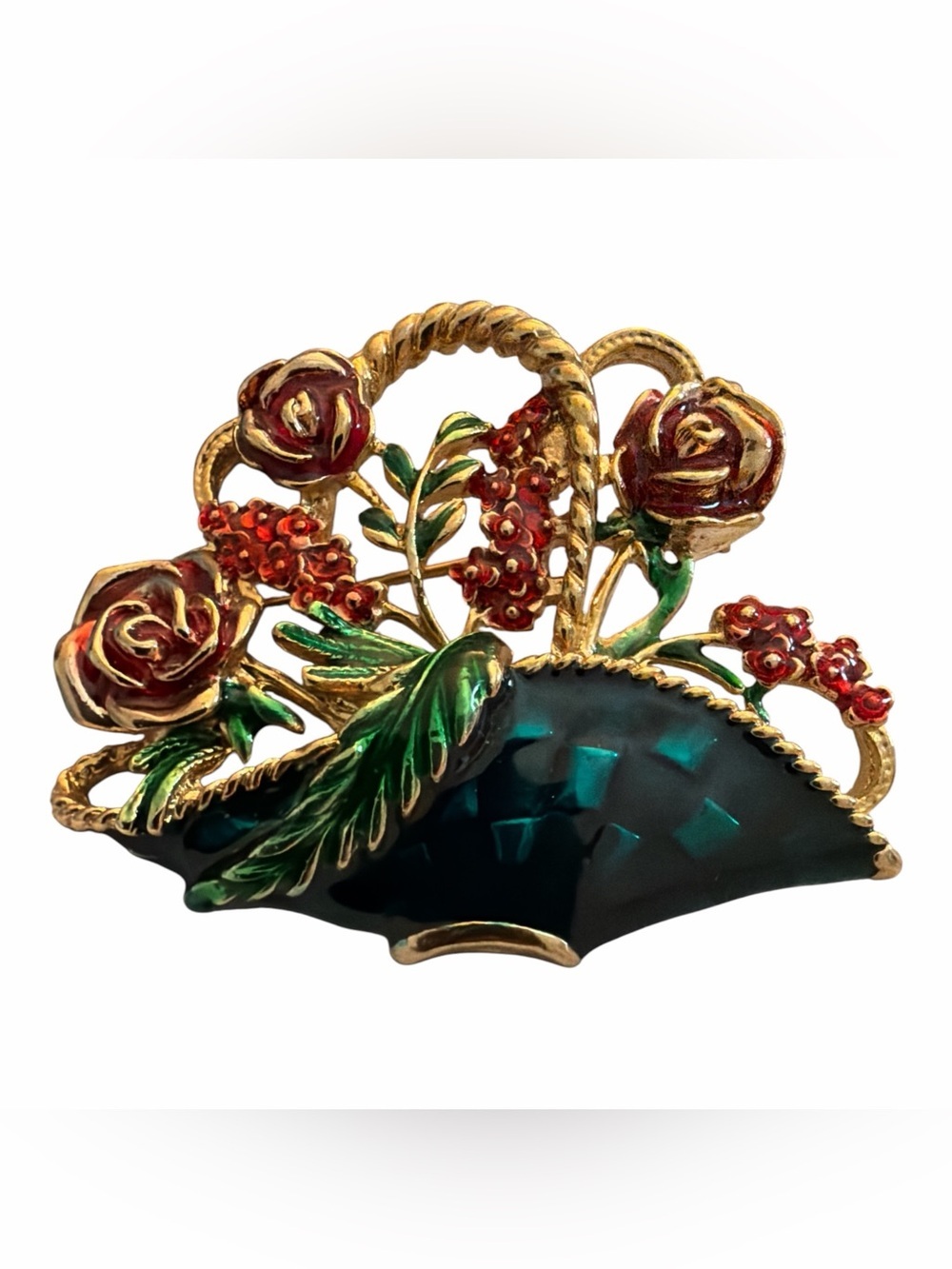 Vintage Green ENAMEL Floral Basket Brooch RED ROSES Flowers  Gold Tone Pin